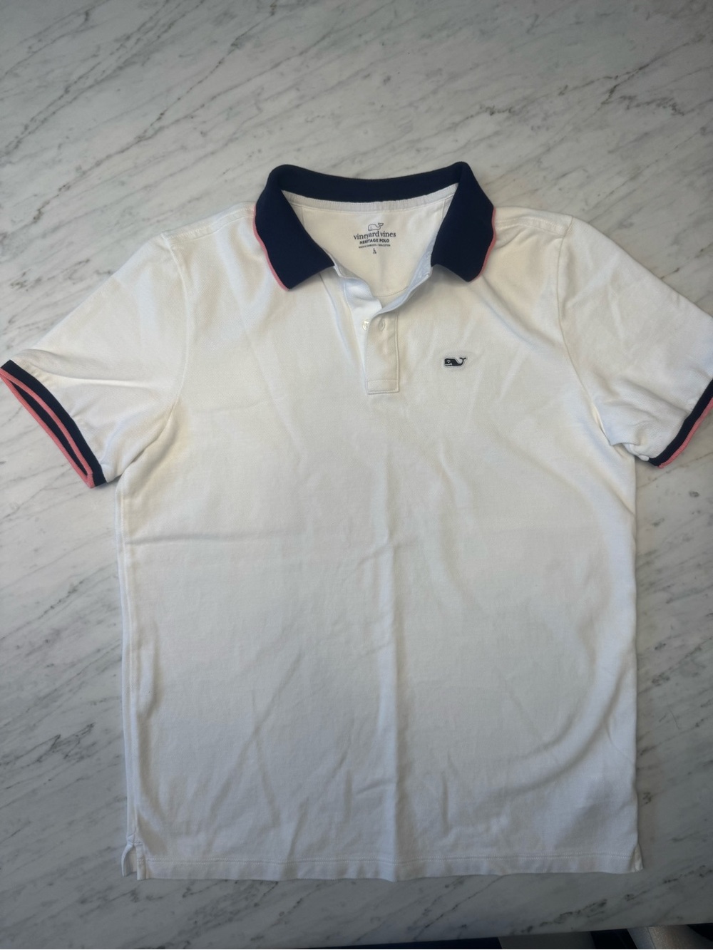 Vineyard Vines White Polo with Navy Collar and Pink Accents